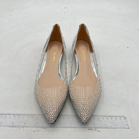 XYD Silver Rhinestones Clear Low Heels Slip On Pointed Toe Evening Dressy Shoes - Picture 3 of 8